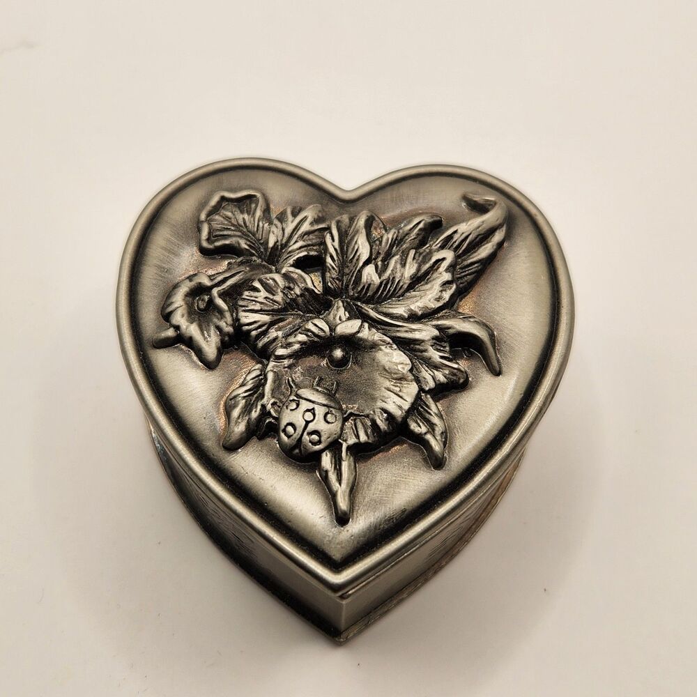 Silver Trinket Box Flower Embossed Engraved Lady Bug Lined
